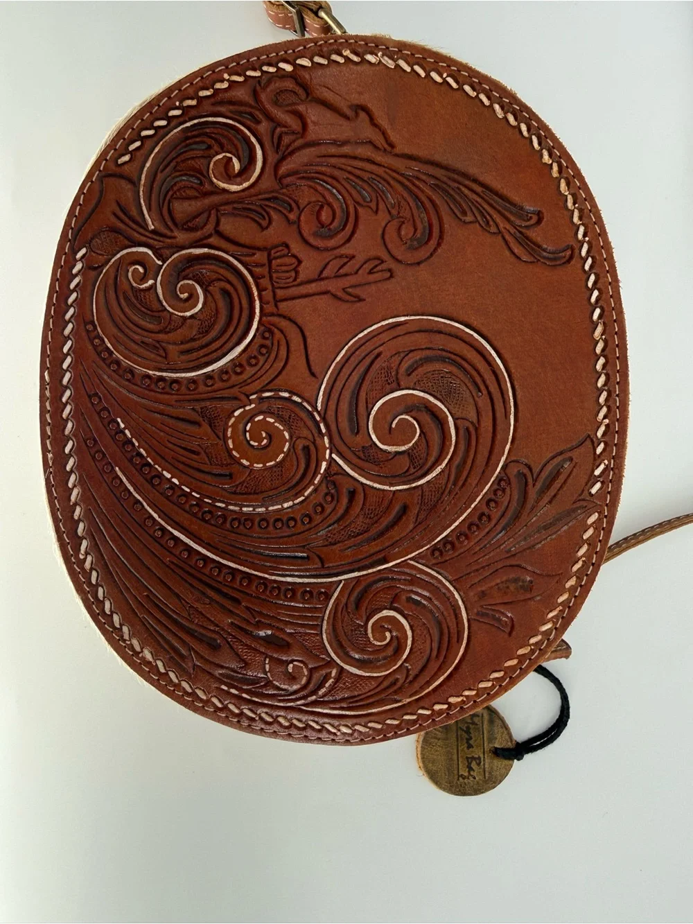 Myra Bag Brown Leather Round Crossbody with Tooled Detail